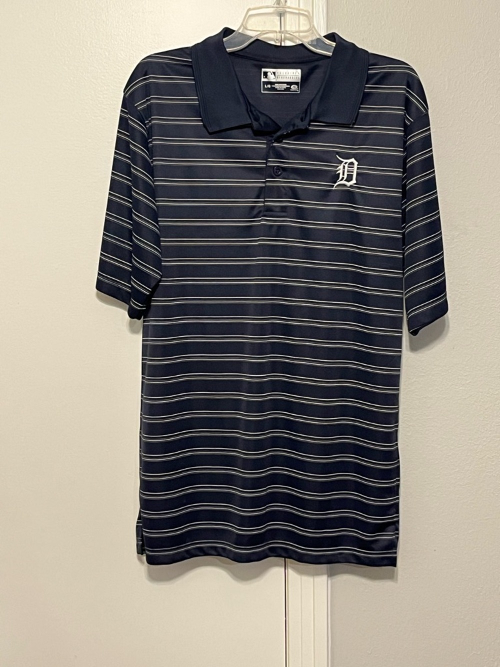 Genuine MLB Merchandise Navy and White Striped Polo with Detroit D Logo Size L